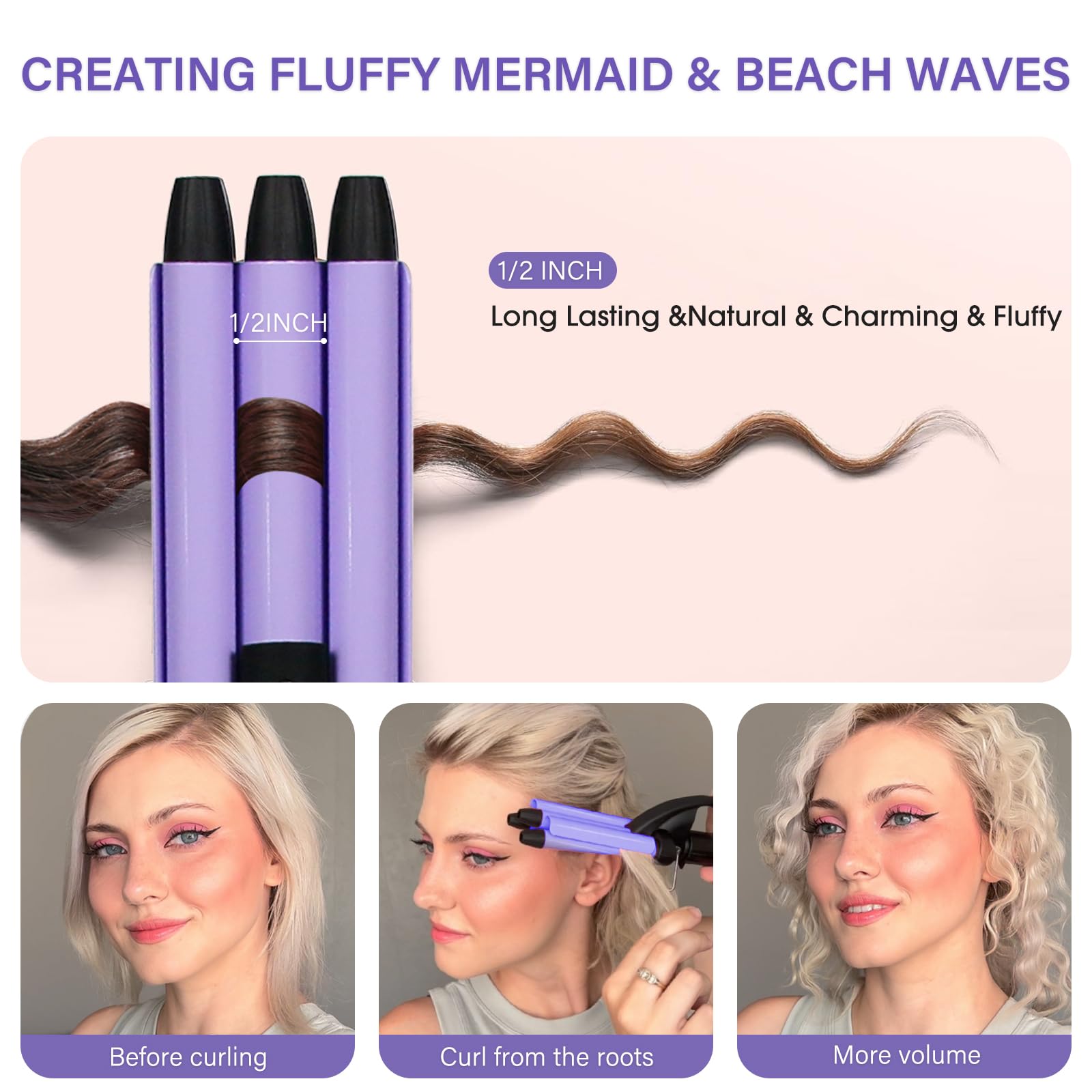 Mini Hair Crimper, Janelove 1/2 Inch Beach Waves Curling Iron, Hair Waver For Short & Medium Hair With 3 Ceramic Barrels, Home A