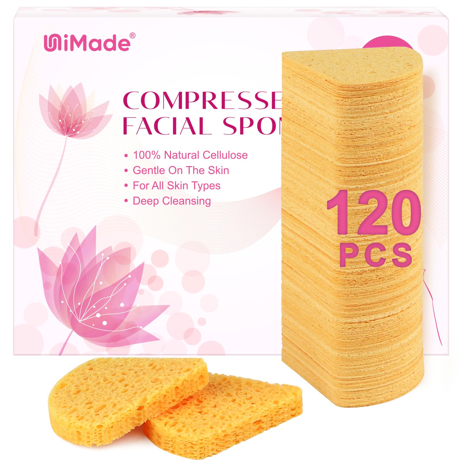 UNIMADE 120-Count Compressed Facial Sponges, Face Sponges for Cleansing, 100% Natural Cellulose Cosmetic Spa Scrub for Makeup Re