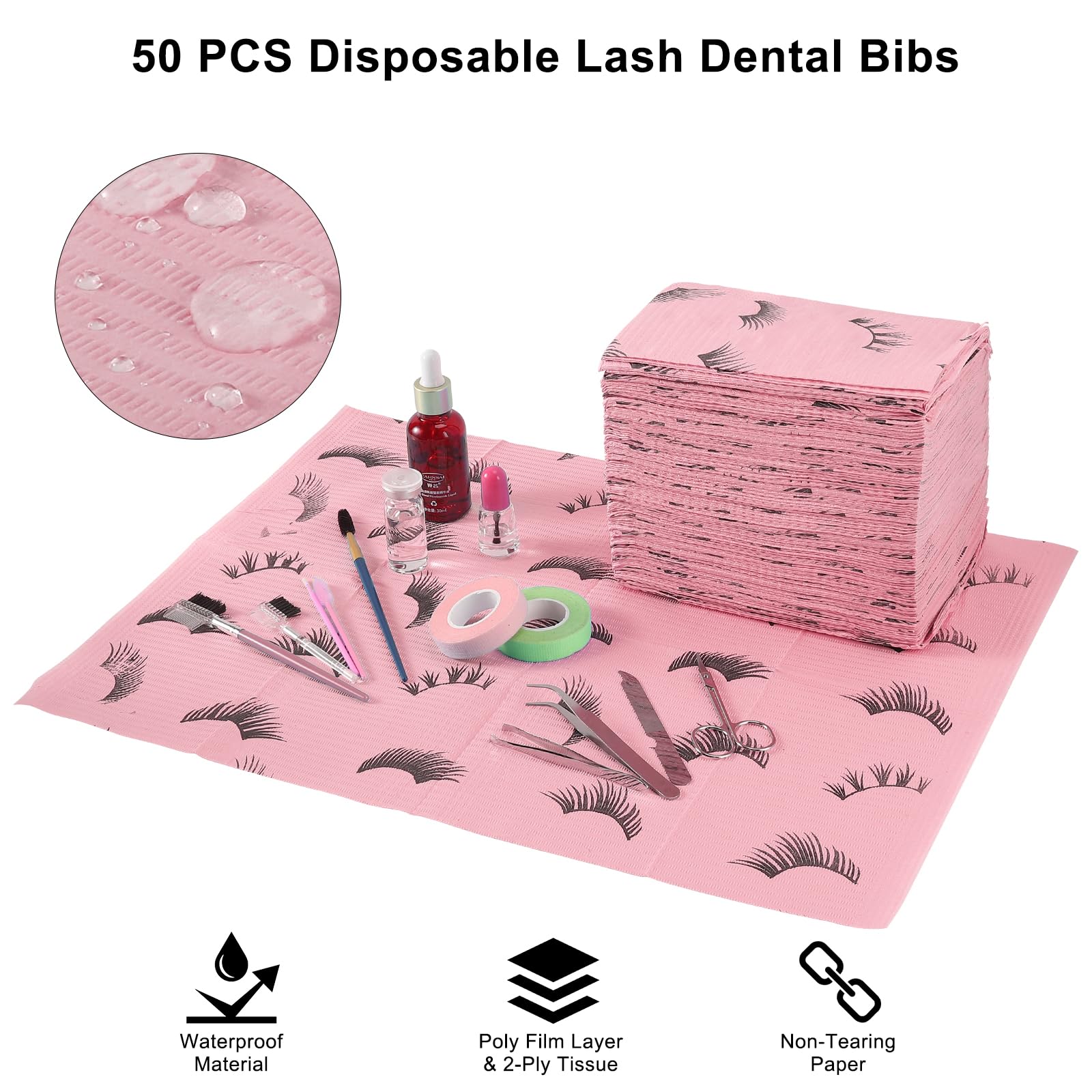 Prasne Lashing Dental Bibs Disposable Pack Of 50, Lash Pillow Cover Of Lash Supplies, Pink 3-Ply Paper Poly Waterproof Towels, 1