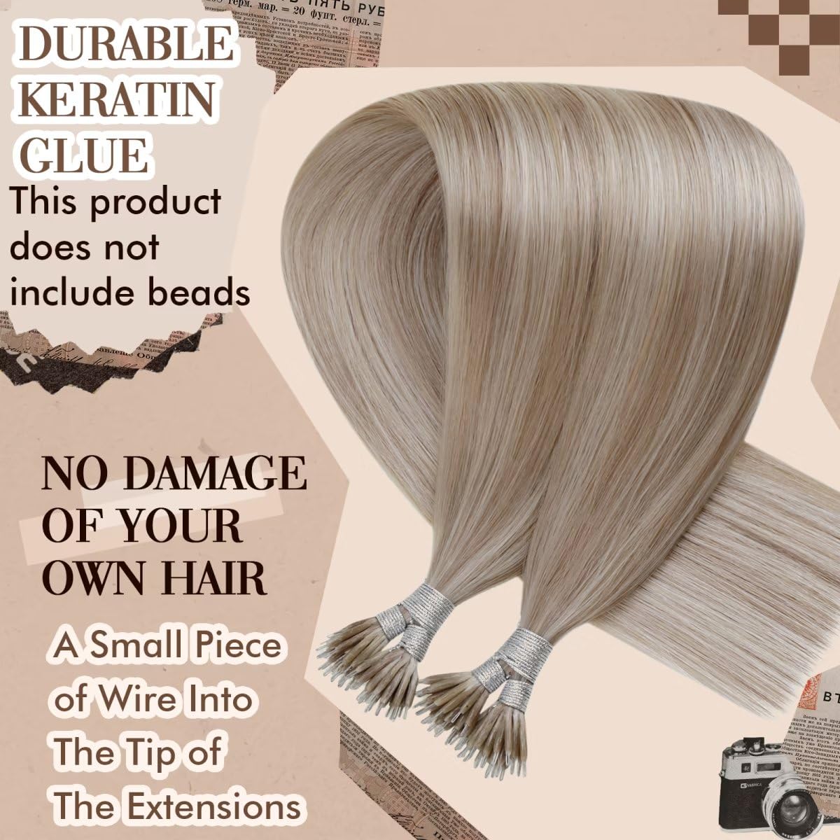 Hetto 22 Inch Nano Link Hair Extensions Human Hair #18 Dark Ash Blonde Highlighted #613 Bleach Blonde Nano Beads Human Hair Exte