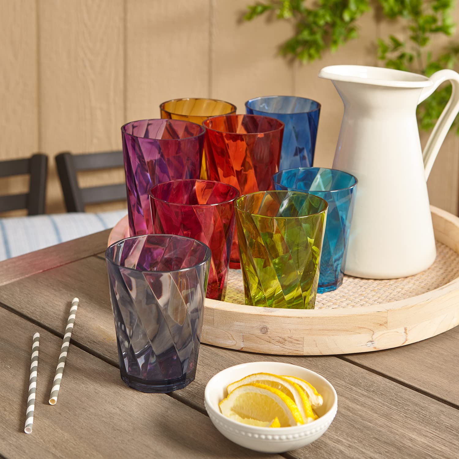 Us Acrylic Optix 16-Piece Plastic Stackable Tumblers In Jewel Tone Colors 8 Each: 14-Ounce Rocks And 20-Ounce Water Drinking Cup