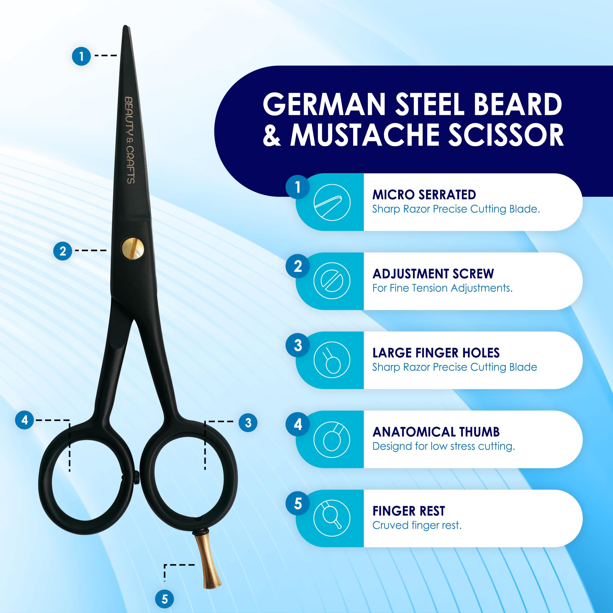 5'' Professional German Beard Scissors For Men- 2 Mustache Combs For Facial Hair With Beautiful Pouch & Tweezer - Mustache Sciss