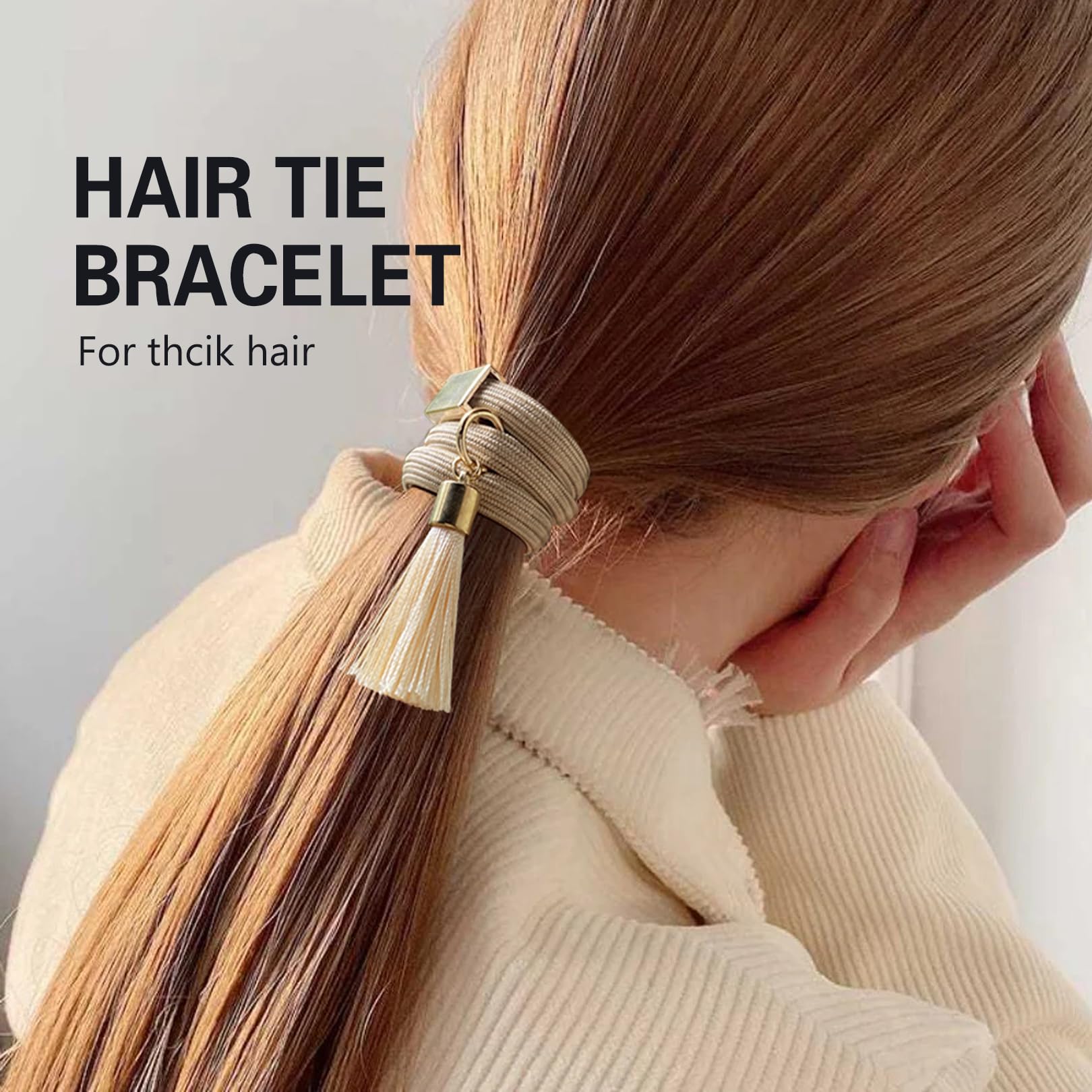 Hair Tie Bracelets For Women Thick Curly Hair, 8Mm Thick Ponytail Holders Hair Ties With Gold Charm Cute Elastic Hair Bands For