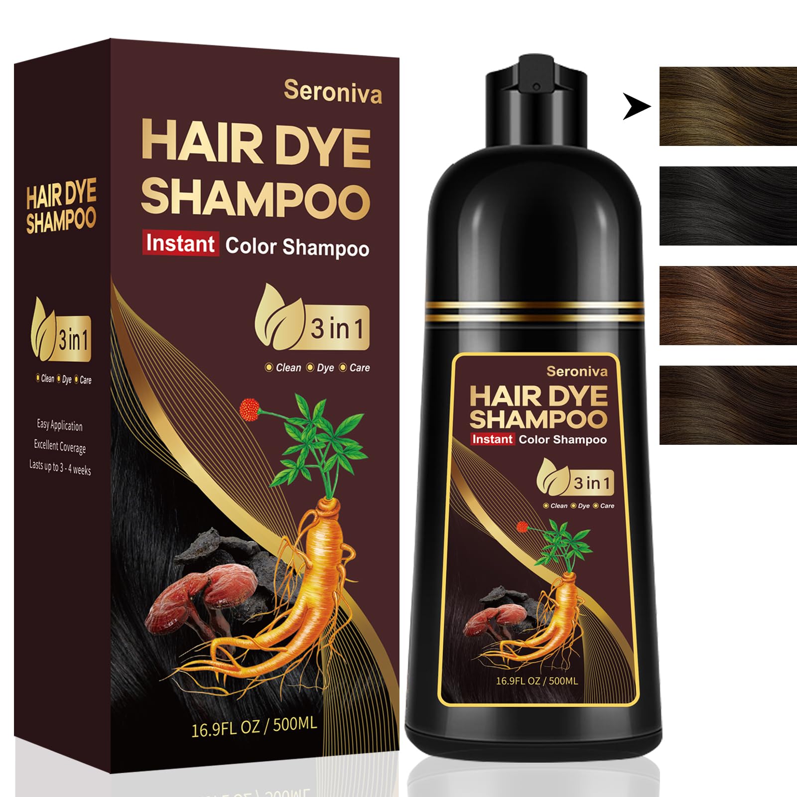 3-in-1 Hair Dye Shampoo Light Brown, Natural Hair Color Shampoo for Gray Hair, Hair Instant Dye Shampoo for Women & Men, Long-La