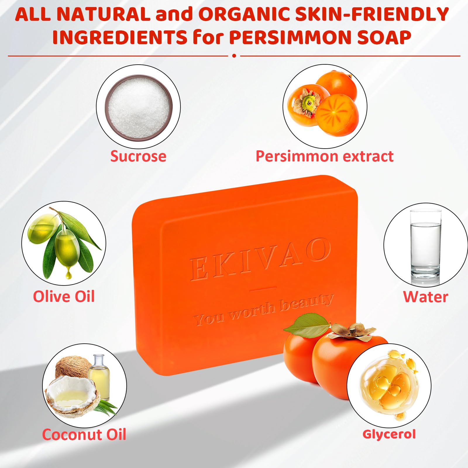 EKIVAO 3-Pack Natural Persimmon Soap Bar, 3.5oz for Body Odor Control, Organic Deodorant Soap for Men & Women, Orange