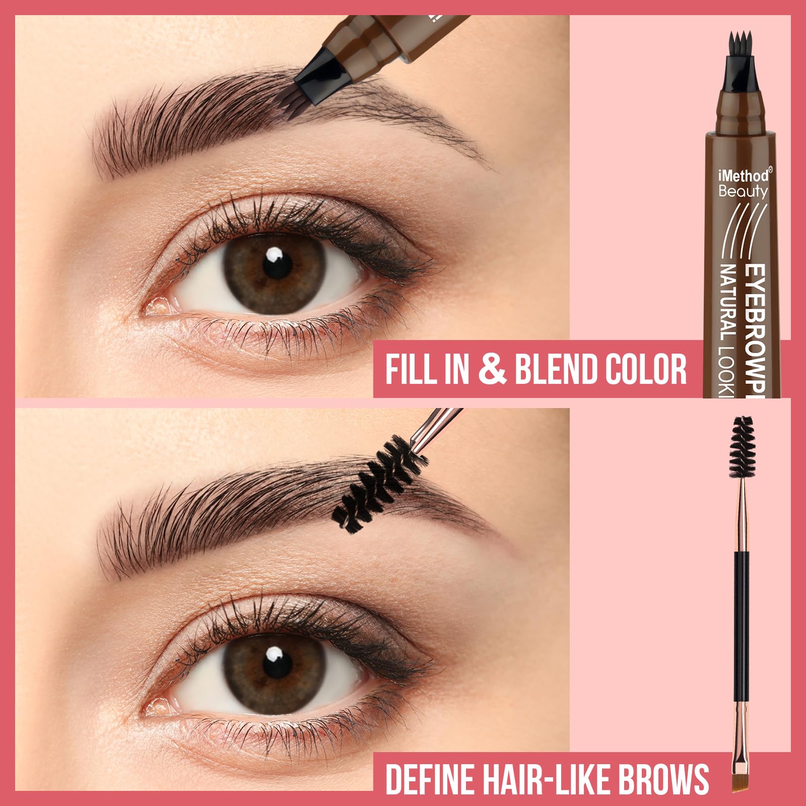 Imethod Eyebrow Pen - Eyebrow Pencil Magical Upgraded Eye Brow Pencils For Women With 4 Fork Tip & Spoolie Brush For Hair-Like D