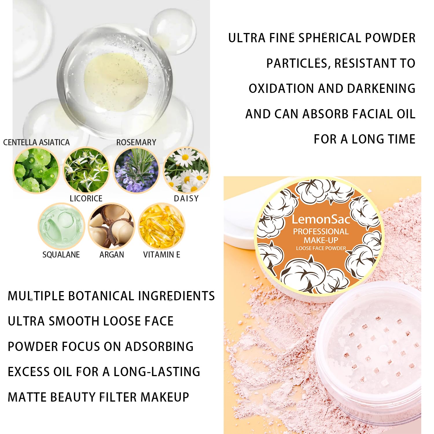 Lemonsac 2Pcs Loose Face Powder, Oil Control Minimizes Pores And Fine Lines, Baking Setting Powder Makeup, Soft Focus Effect Mak
