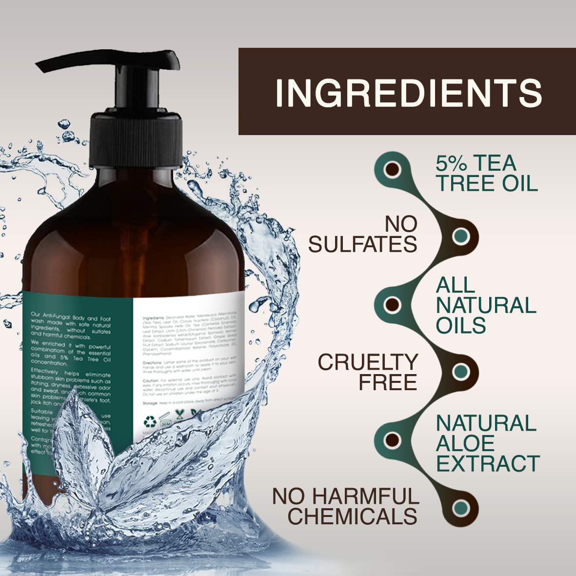 Tea Tree Oil Body Wash - Helps Athletes Foot, Ringworm, Jock Itchy, Acne, Eczema, Yeast Infection, Body Odor, Itchy Skin - With