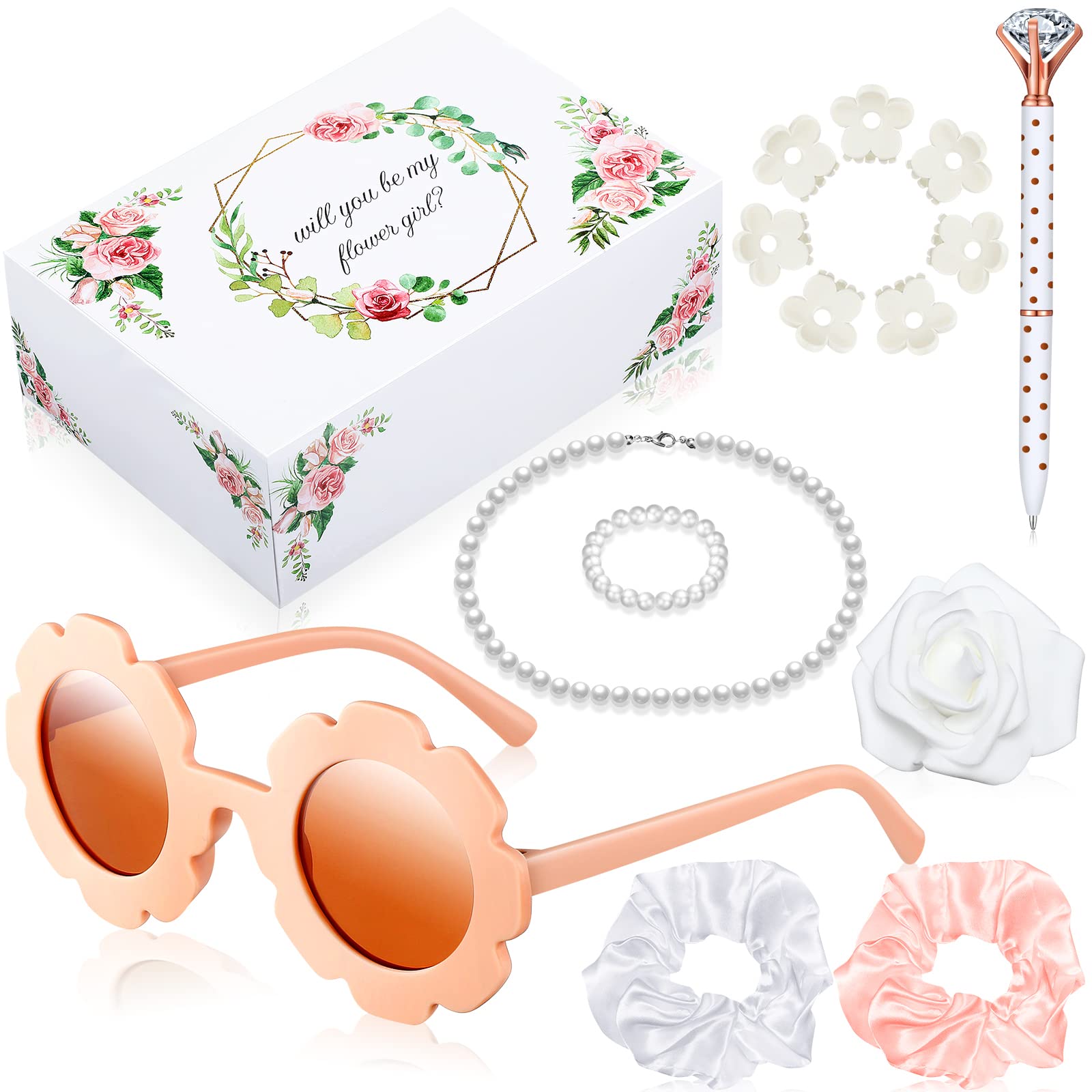16 Pcs Flower Girl Proposal Box Kit Gifts Round Glasses Necklace Pearl Bracelet Diamond Pen Hair Scrunchies Rose Will You Be My