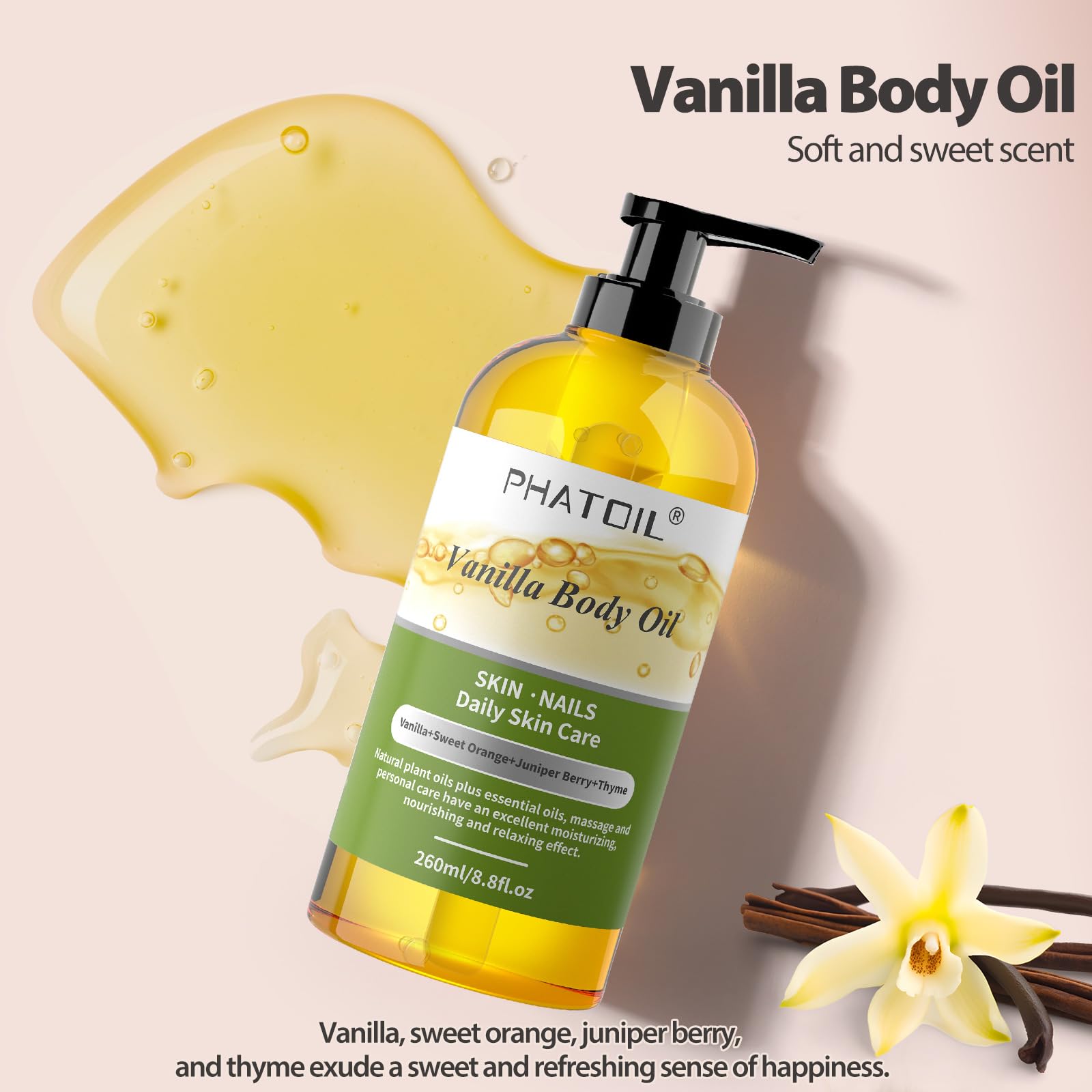 Phatoil Vanilla Body Oil 260Ml, Premium Body Oil For Moisturizing Skin, Long-Lasting Fragrance Vanilla Body Oil Massage Oil For