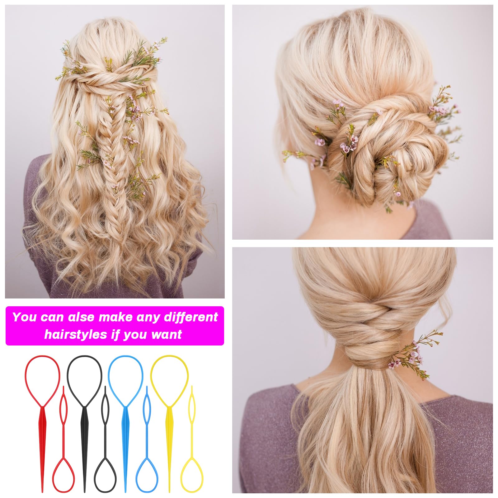 Ahier 8Pcs Topsy Tail Hair Tool, Topsy Tail, Hair Braid Accessories Ponytail Maker, French Braid Tool Topsy Tail Loop Hair Kit (