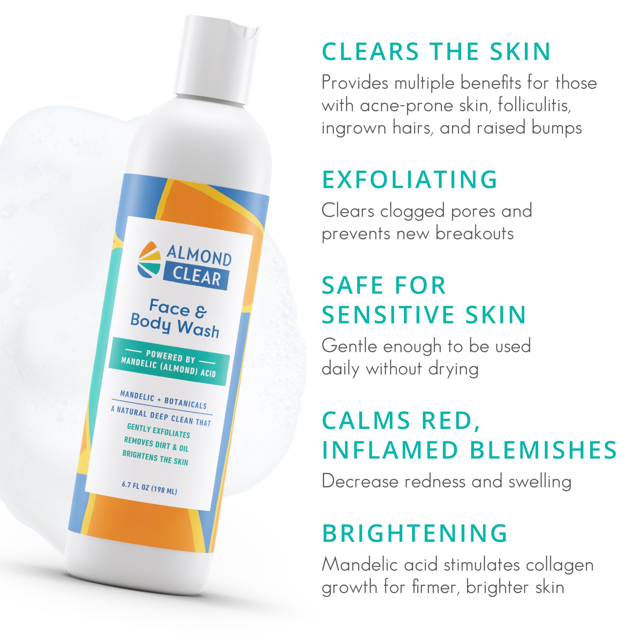 Almond Clear Face & Body Wash [6.7 Fl Oz] Skin Care For Acne And Folliculitis-Prone Skin - Gentle Everyday Exfoliating Cleanser