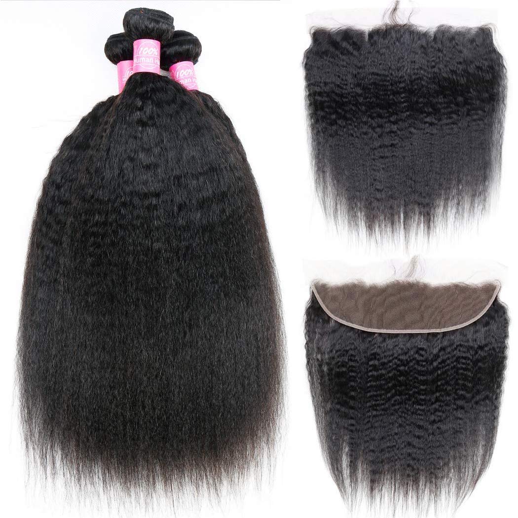 Odir Kinky Straight Bundles With 13X4 Frontal Brazilian Human Hair 18 20 22+16 Inch Unprocessed 9A Yaki Straight Virgin Hair 3 B