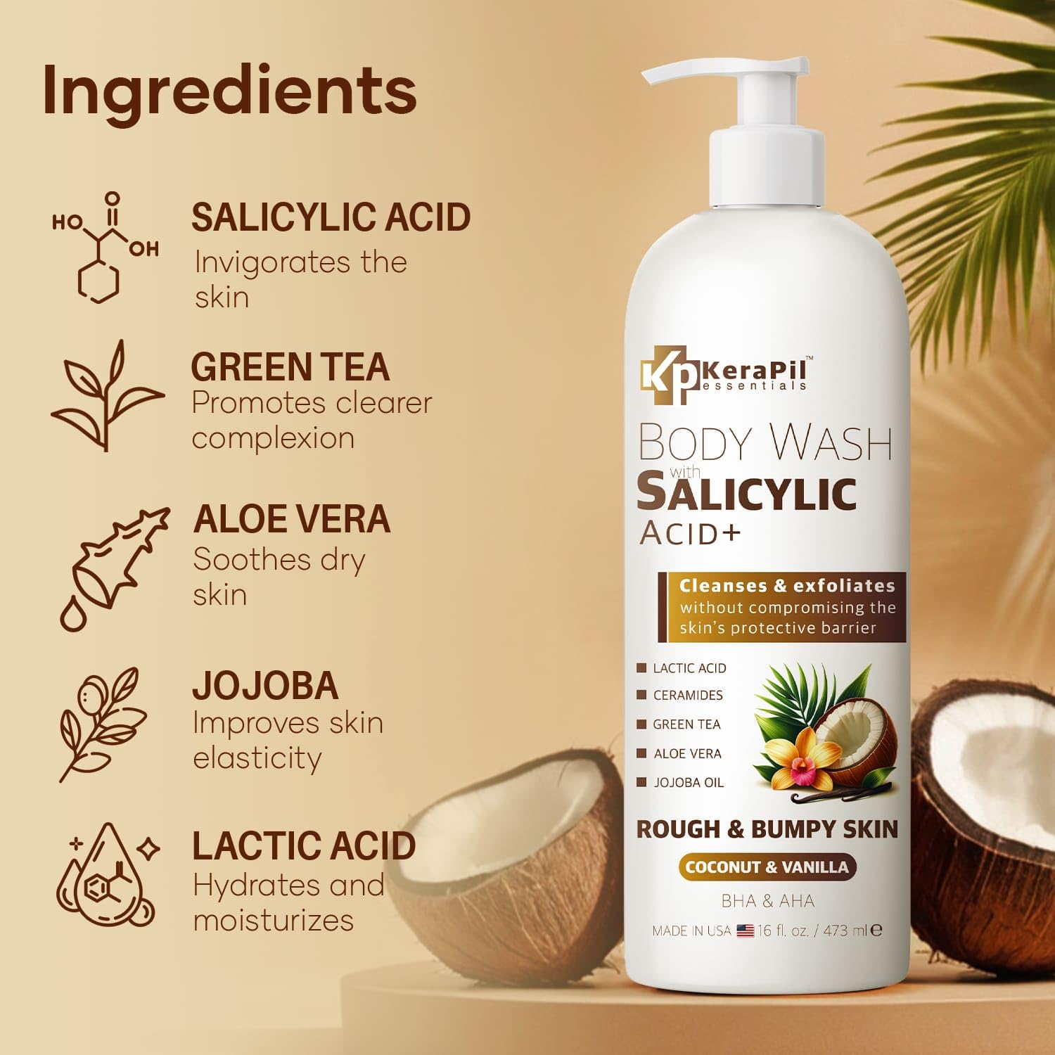 Kerapil Exfoliating Body Wash With Salicylic Acid - No Dry Out, Gentle Exfoliates Rough And Bumpy Skin, Body Acne Wash, Bha & Ah