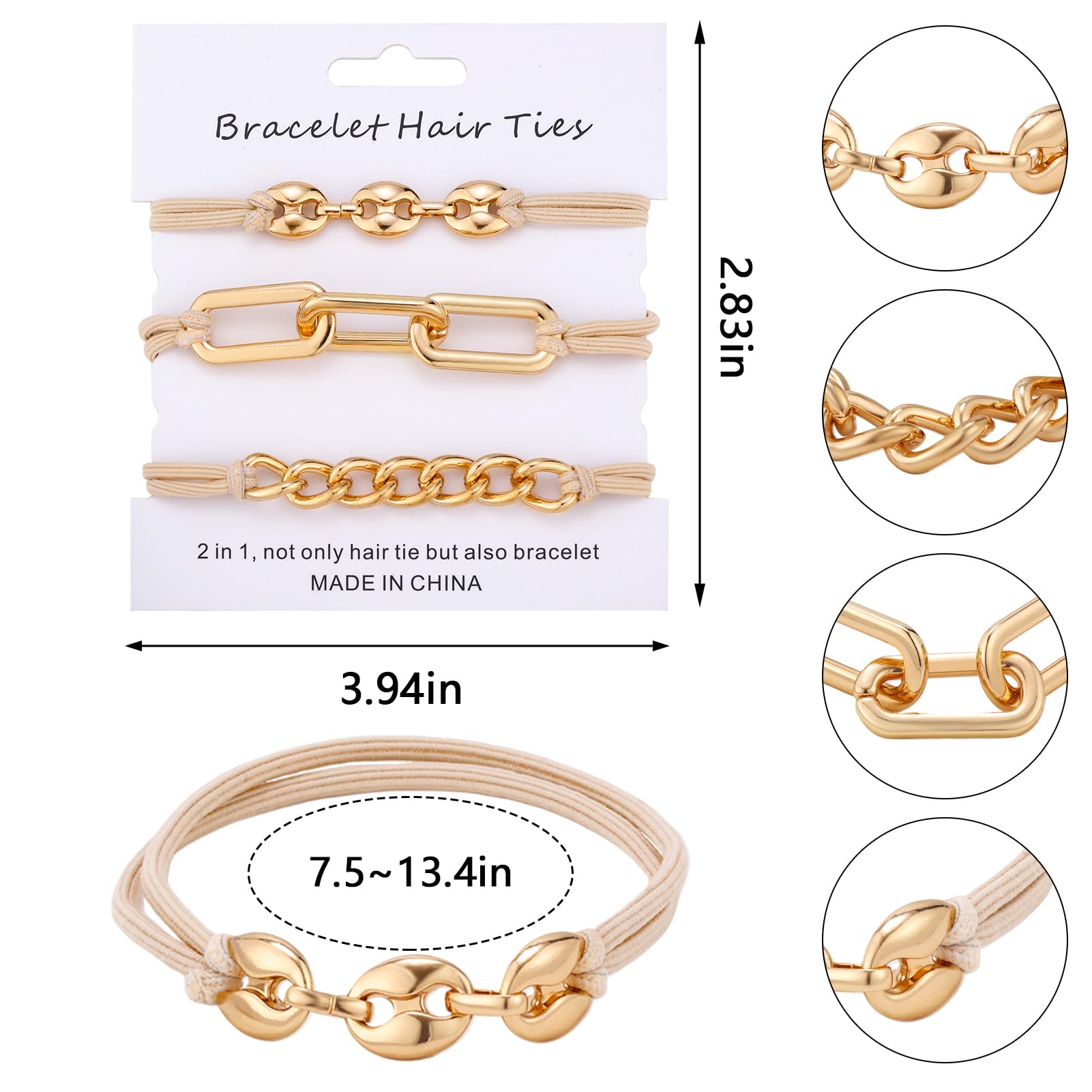 Tucewp Hair Tie Bracelets For Women 3 Pcs Gold, Silver, Beige - Hair Ties For Thick Hair With Elastic - Cute On Your Wrist And G