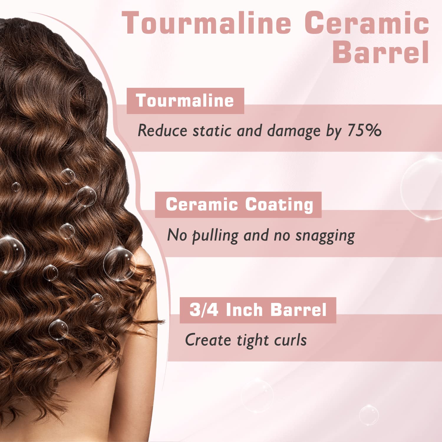 3/4 Inch Curling Iron For Short Hair, Dual Voltage Hair Curling Iron Ceramic, Professiona Curling Wand Tourmaline(Rose Gold)