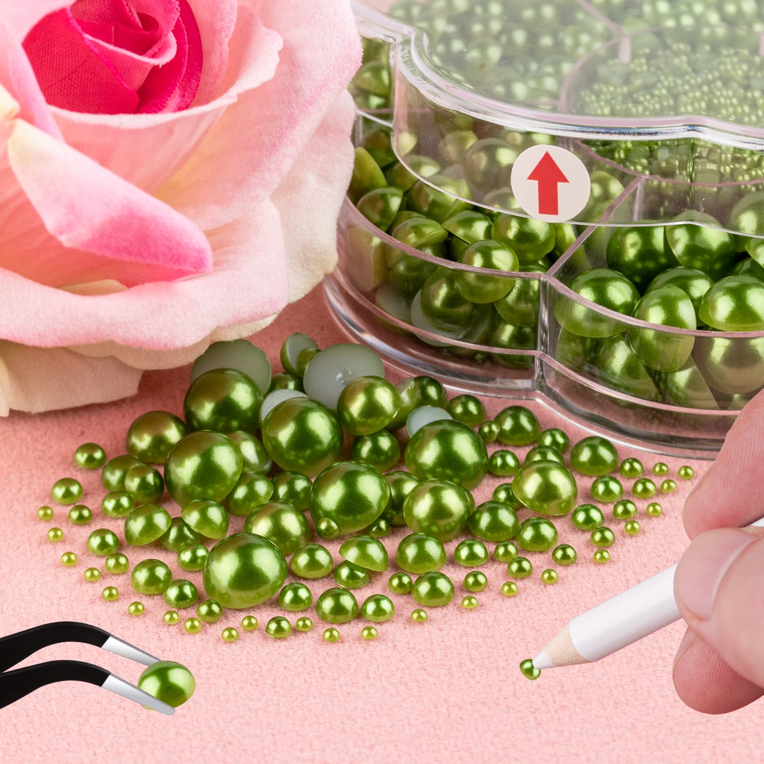 Nail Art Flat Back Half Round Pearl Kits 27, 1 Box Of 6000 Pcs Flat-Back Green With Tweezer And Picker Pencil For Home Diy Nails
