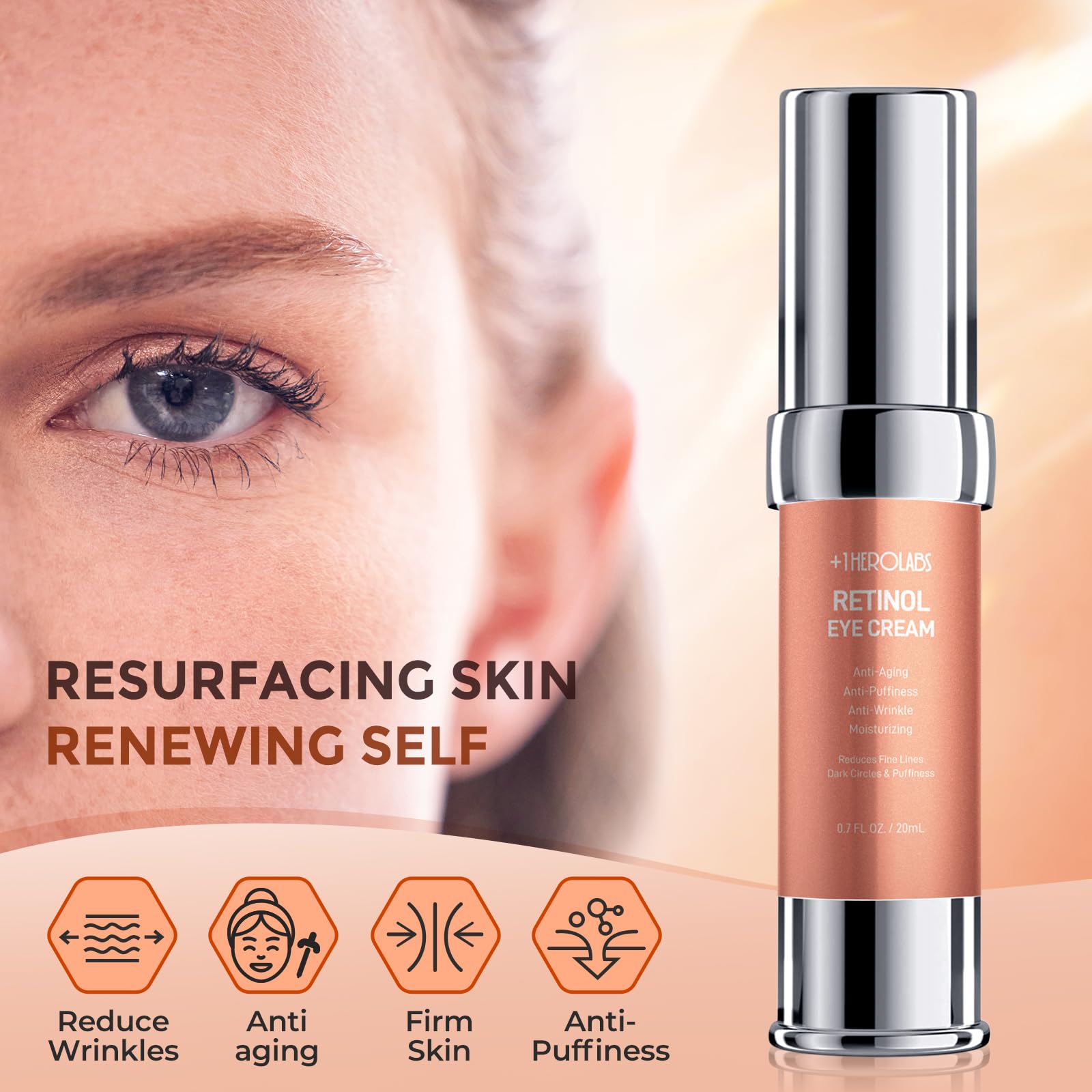 +1Herolabs Retinol Eye Cream For Dark Circles And Puffiness, Anti Aging Under Eye Cream With Hyaluronic Acid, Retinol & Collagen