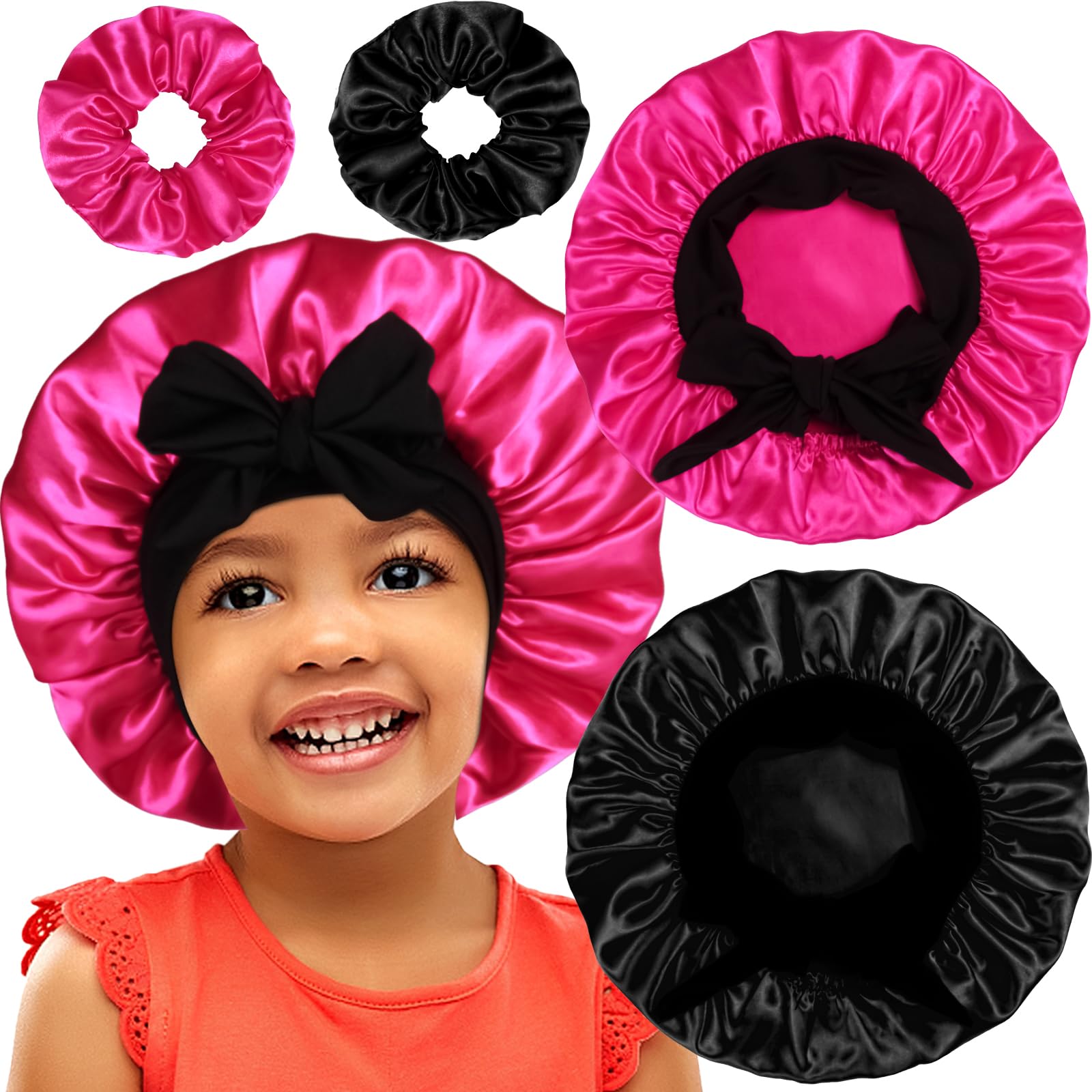 2+2 Satin Bonnets with Scrunchies for Kids, Cute Hair Bonnets for Girls Sleeping Curly Hair, F