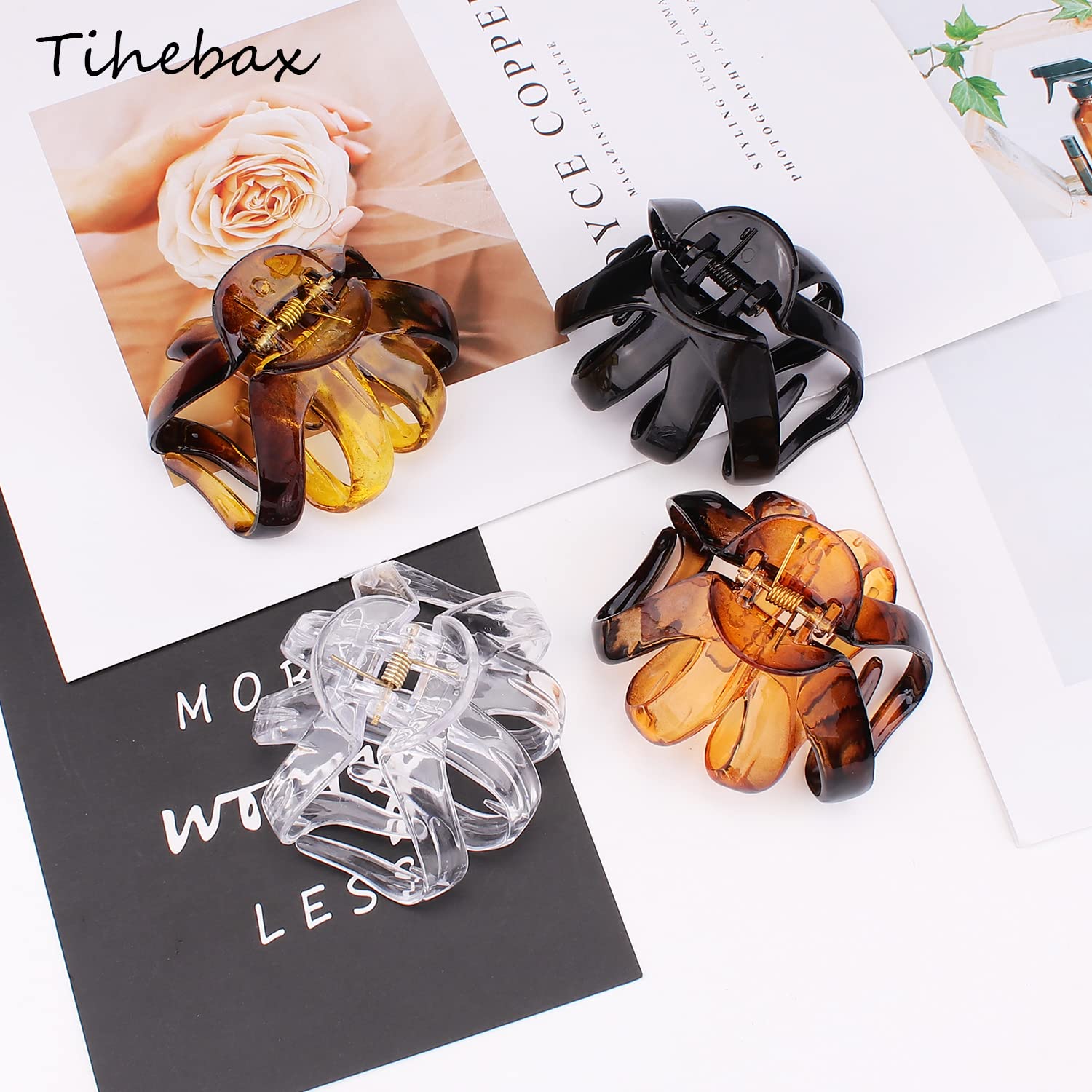 Tihebax 4PCS Jumbo Hair Clips - Strong Hold Octopus Claw Clips for Thick Hair, 3.15 - Black, Red, Yellow, Transparent