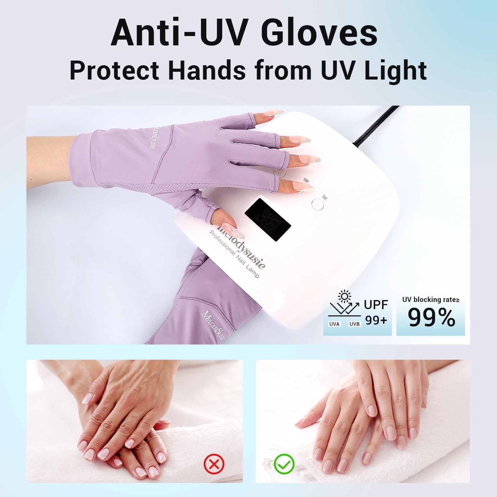 Melodysusie Uv Gloves For Gel Manicures, Premium Upf99+ Fingerless Sun Glove, Breathable Ice Silk Cooling Effect, Uv Protection