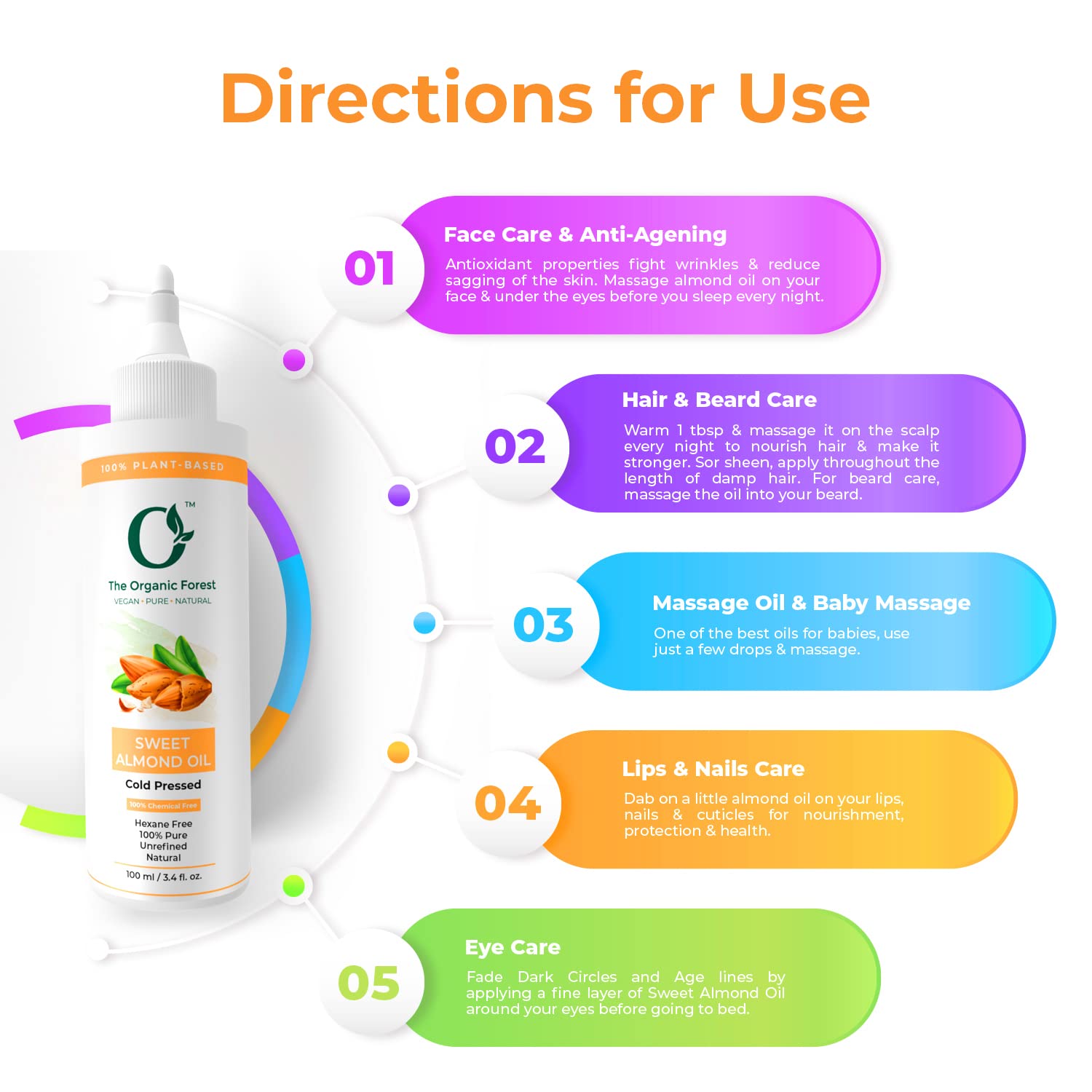 The Organic Forest Almond Oil For Hair, Face, Dry Skin, Cold Pressed 100% Pure Carrier Oil For Essential Body Oils For Women And