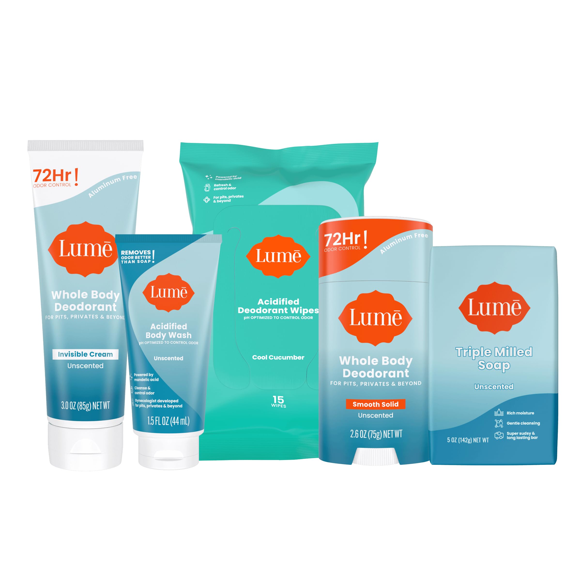 Lume Whole Body Deodorant Starter Pack - Smooth Solid Stick, Invisible Cream Tube, Acidified Body Wash Mini, Soap, Acidified Deo