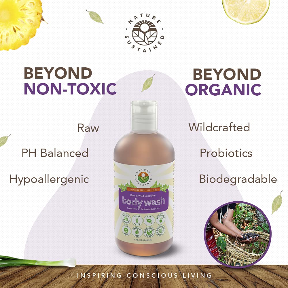 Nature Sustained Lemongrass Organic Body Wash - All Natural Probiotic Soothing Skin Care Body Soap & Face Wash - Raw Wildcrafted