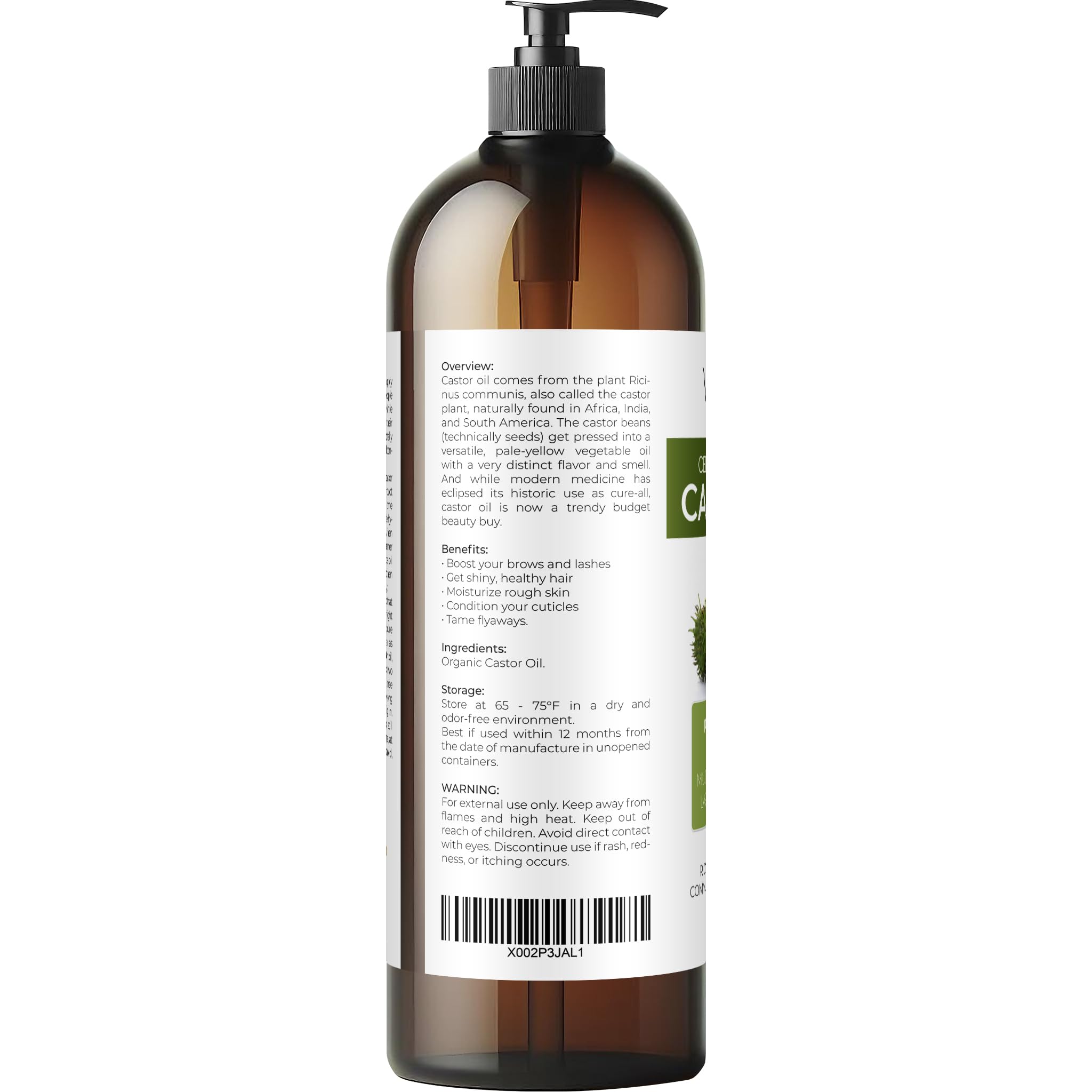 Velona Usda Certified Organic Castor Oil - 32 Fl Oz | For Hair Growth, Boost Eyelashes, Eyebrows | Cold Pressed, Natural Oil, Us