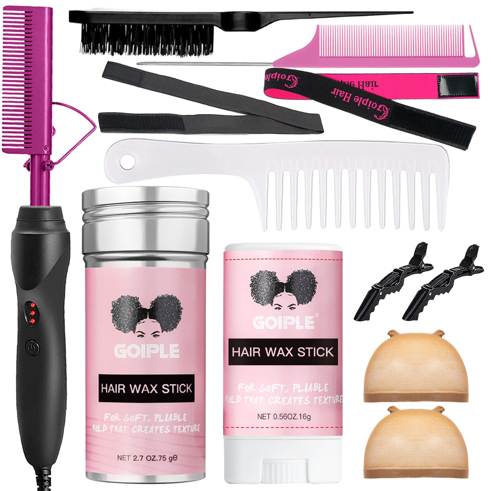 Goiple Pink Electric Hot Comb Hair Straightener for Natural Black Hair Wigs - Wide Tooth & Rat Tail Comb, Wax Stick Included