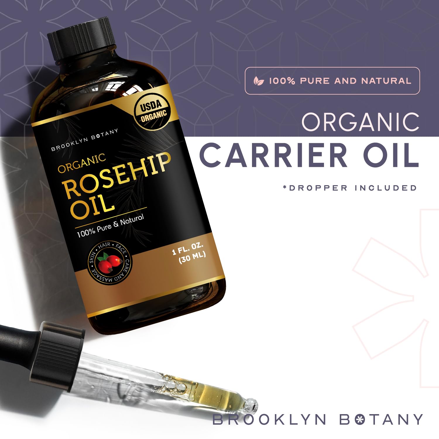 Brooklyn Botany Organic Rosehip Oil For Face, Skin And Hair - 100% Pure And Natural Organic Rosehip Seed Oil - Use As Carrier Oi