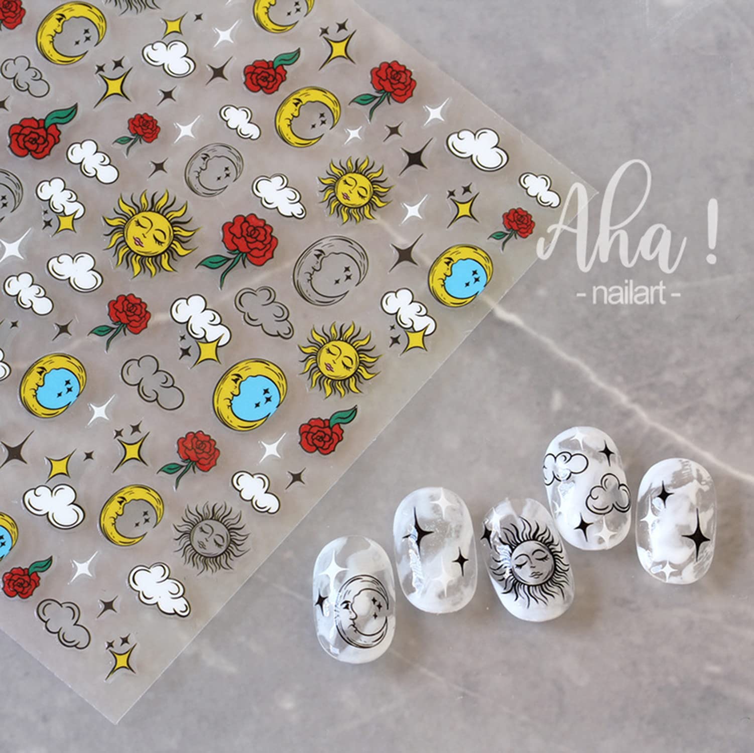 Hand Draw Style Abstract Different Sky Nail Art Stickers Decals Sun Moon Star Cloud Rose Nail Art Sticker 3D Self Adhesive Diy D