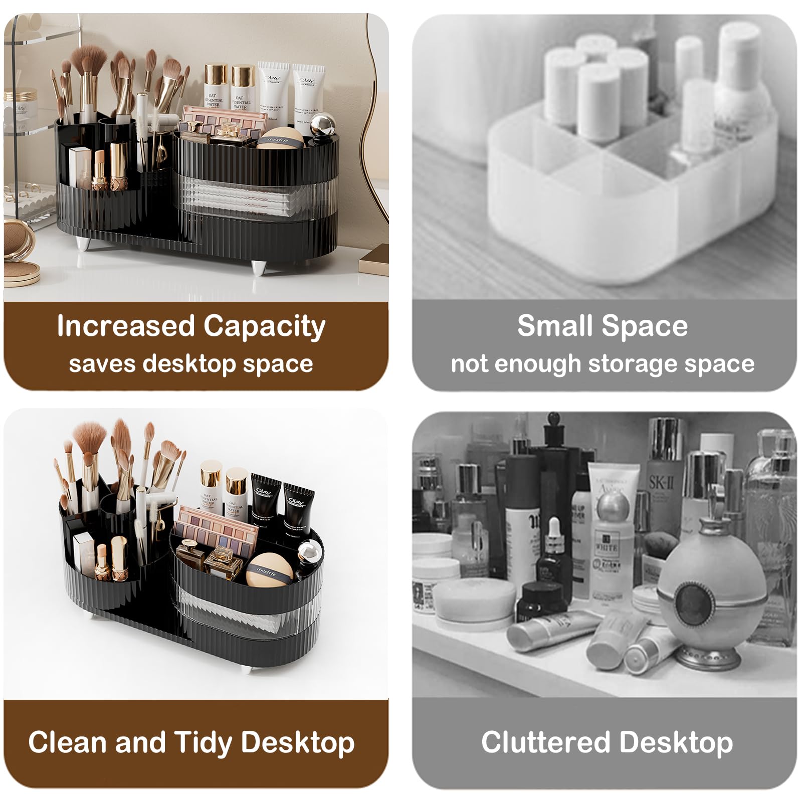 Rotating Makeup Organizer For Vanity With Brush Holder And Drawer, 3 Layer Cosmetic Makeup Storage, Large Makeup Skincare Organi