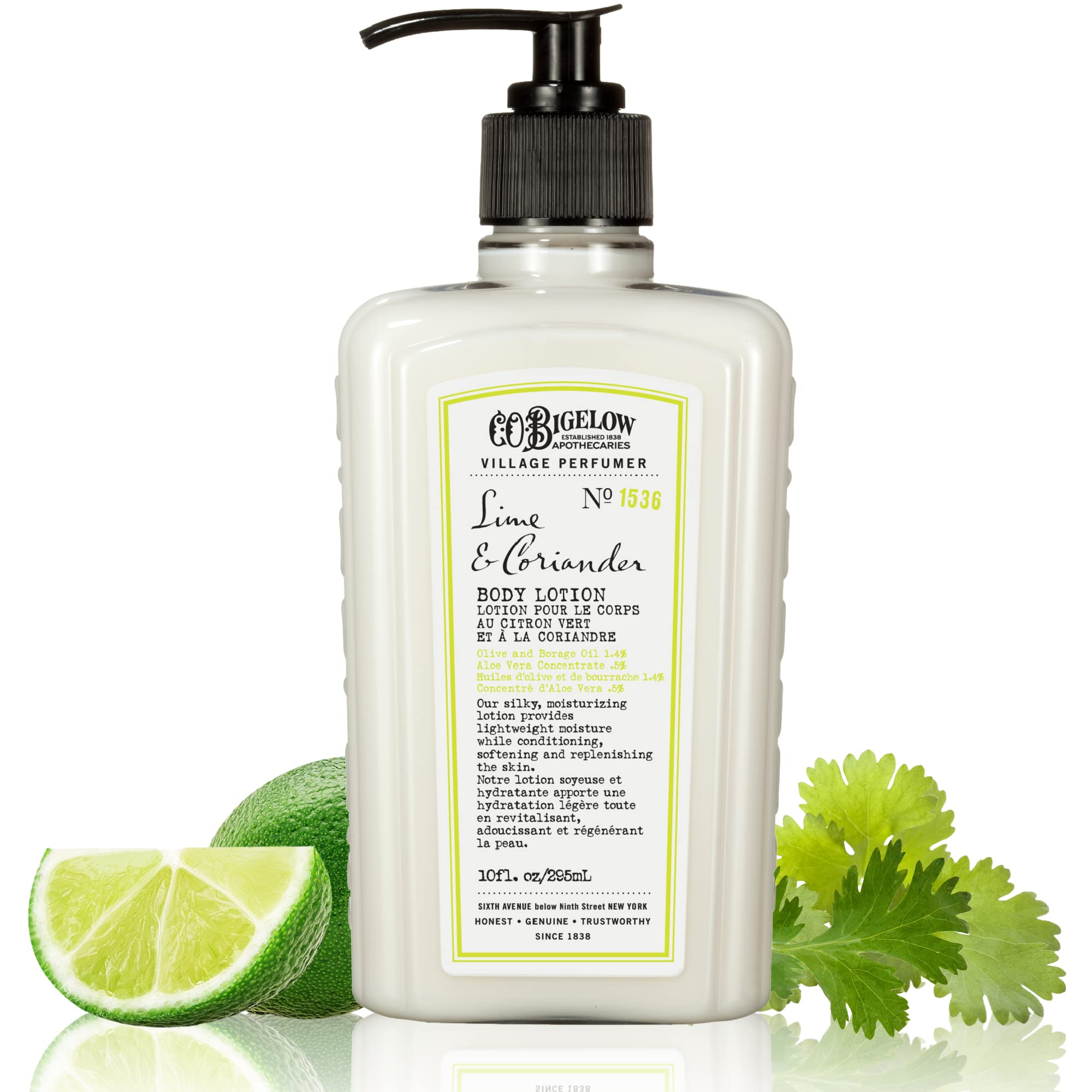 C.O. Bigelow Lime Coriander Body Lotion for Women and Men, Village Perfumer Lotion with Olive Oil, Borage Oil, and Aloe Vera Con