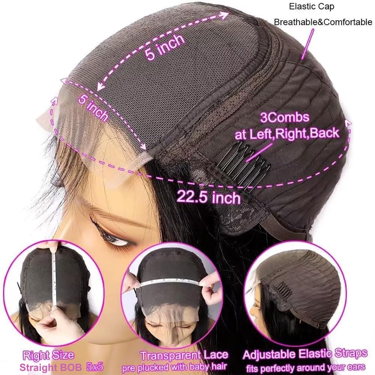 Short Bob Wig Human Hair 5X5 Closure Wig Human Hair Brazilian Straight Bob Human Hair Wigs 150% Density Pre Plucked With Baby Ha