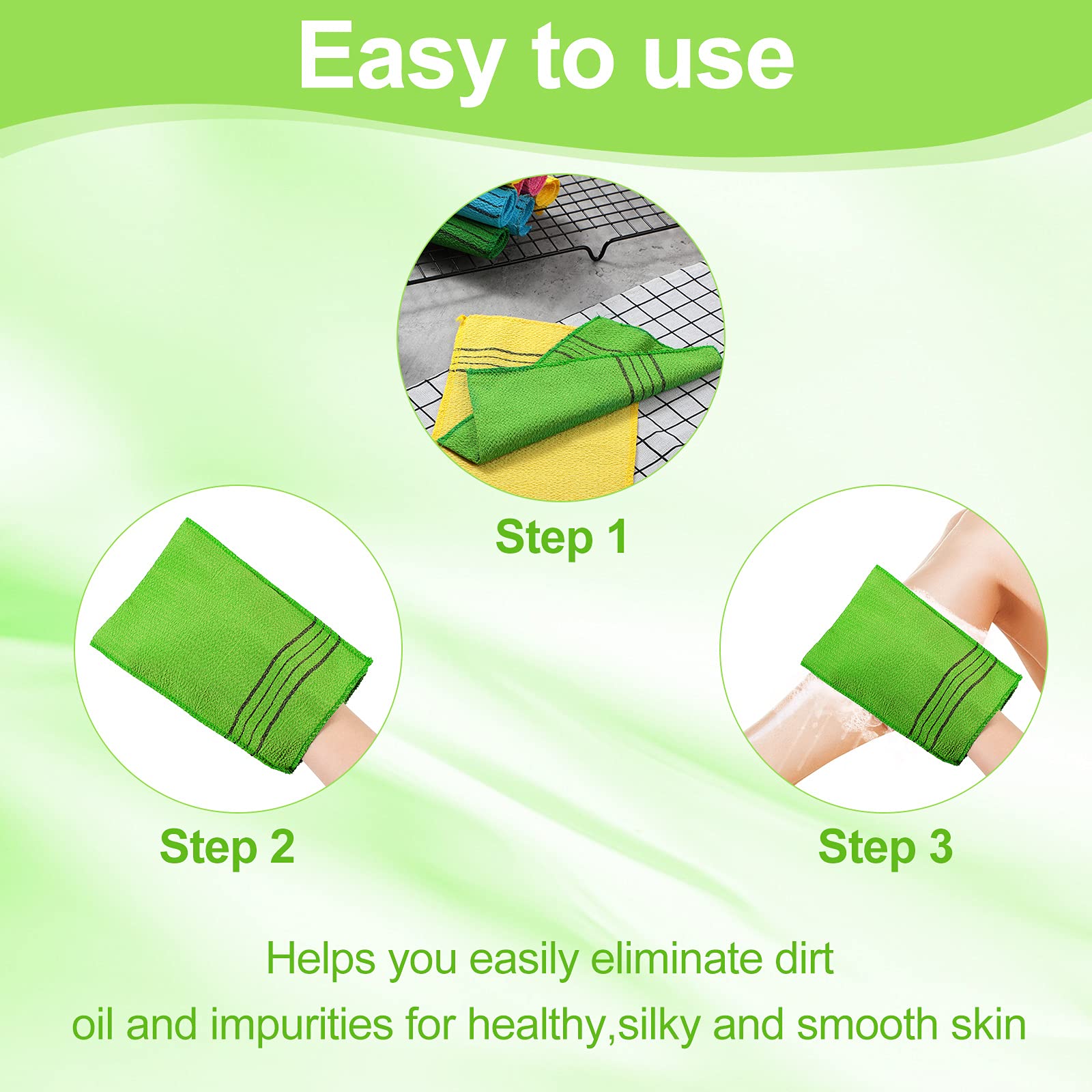 Tatuo 12-Pack Korean Exfoliating Mitts, Large Body Scrubber Gloves in Yellow, Green, Blue, Pink for Dead Skin Removal