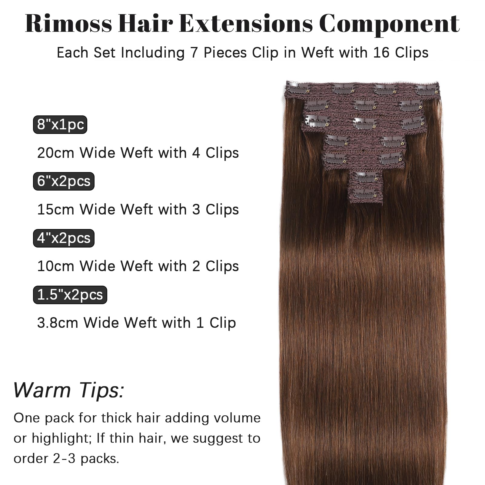 Rimoss Clip In Hair Extensions Real Human Hair, 22 Inch Chocolate Brown Remy Human Hair Clip In Extensions Straight, Premium Sof