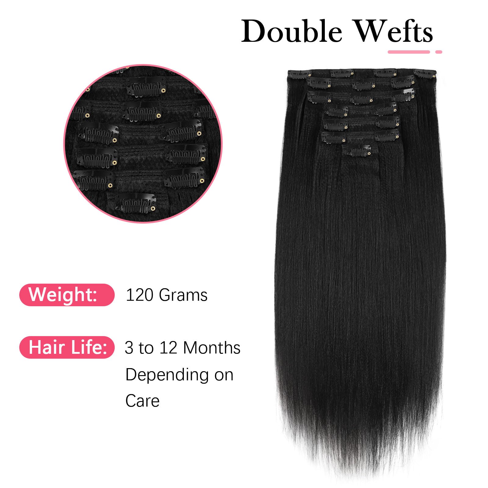 Sassina Real Remy Thick Yaki Straight Clip Ins Human Hair Double Wefts Jet Black For African American Full Head 7 Pieces 17 Clip