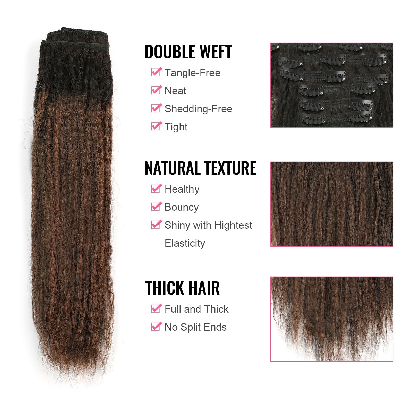 Abh Amazingbeauty Hair Kinky Straight Clip In Hair Extensions Real Human Hair Rooted Black Piano Natural Black #1B Mixed With Ch