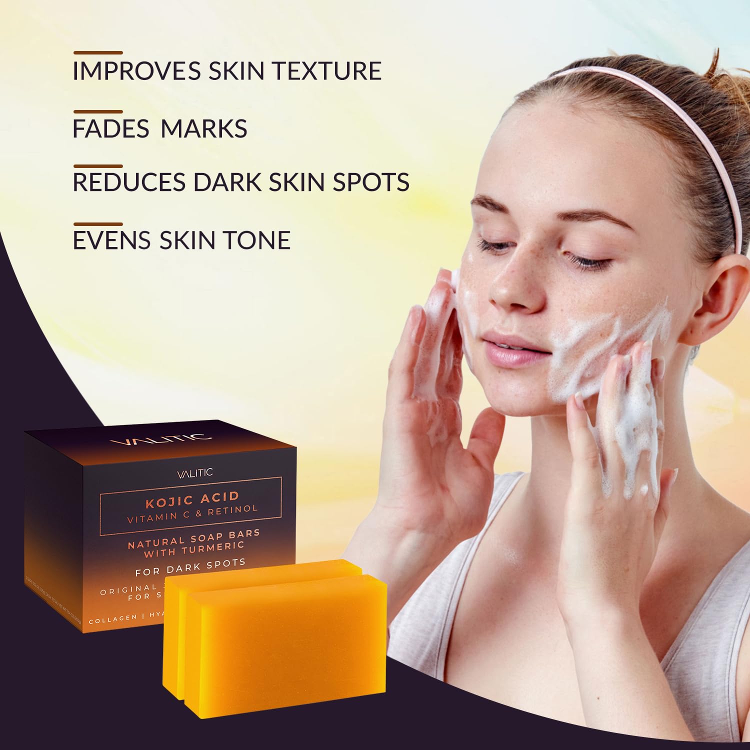 Valitic Kojic Acid Vitamin C And Retinol Soap Bars With Turmeric For Dark Spot - Original Japanese Complex Infused With Collagen