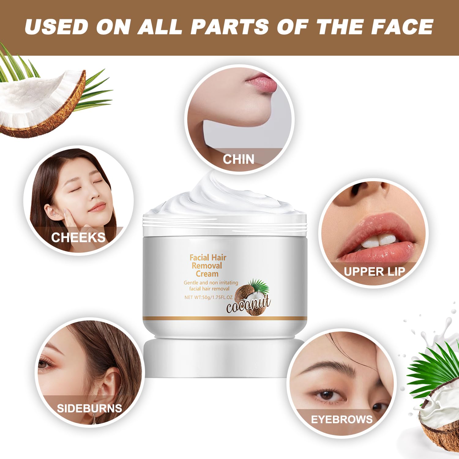 Facial Depilatory Cream, Coconut Facial Hair Removal Cream For Upper Lip And Chin For Women, Womens Facial Hair Remover For Sens
