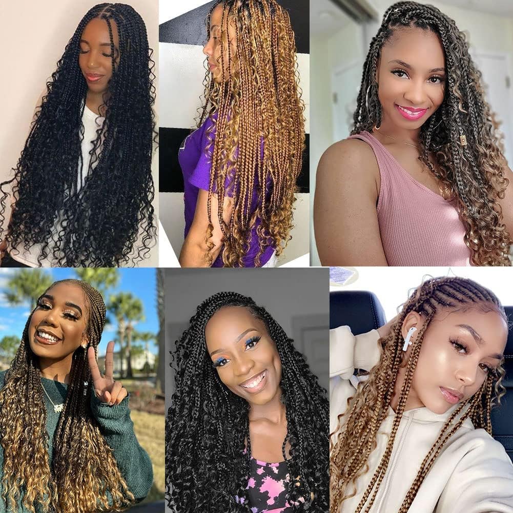 9 Packs Goddess Box Braids Crochet Hair-14 Inch Boho Crochet Braids With Curly Ends,Bohomian Box Braiding Hair For Black Women D