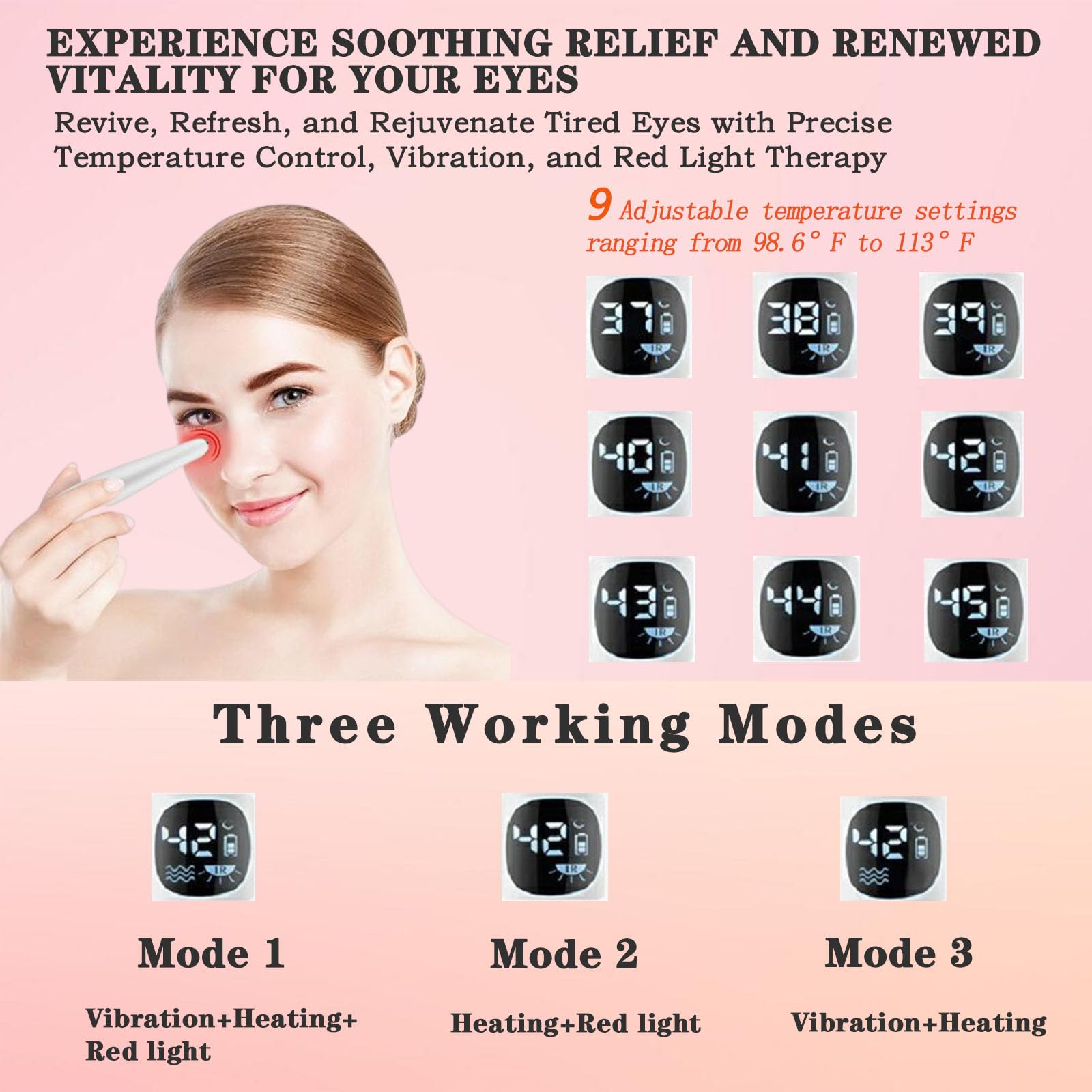 Vowleike Eye Lift Wand, 3 In 1 Vibrating Red Light 98F To 113F Lcd Display Eye Massager For Dry Eyes, Dark Circles And Puffiness