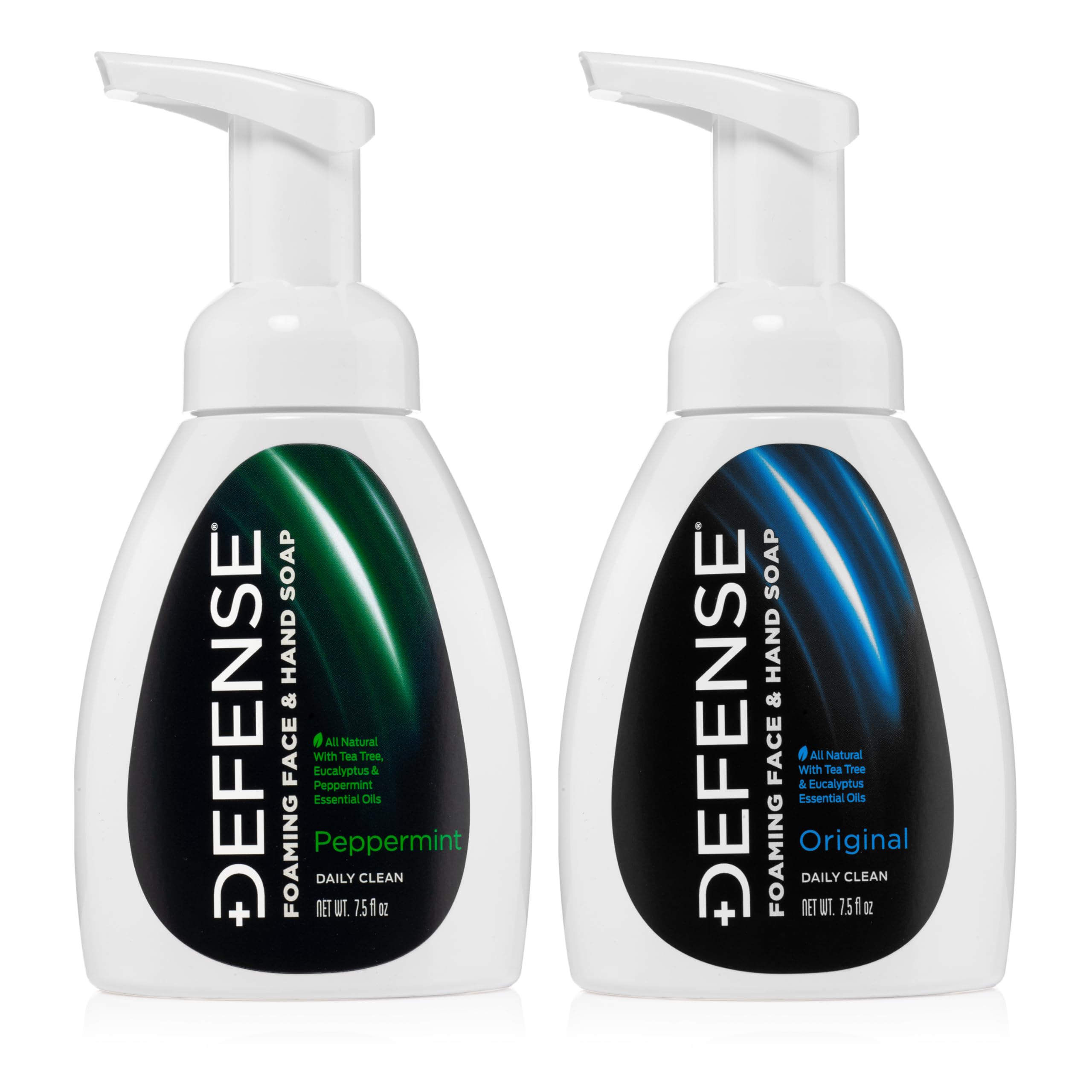 Defense Liquid Foaming Face & Hand Soap, Original + Peppermint 7.5 Fl Oz Combo with Tea Tree, Eucalyptus, Jojoba, Aloe Vera, Oli