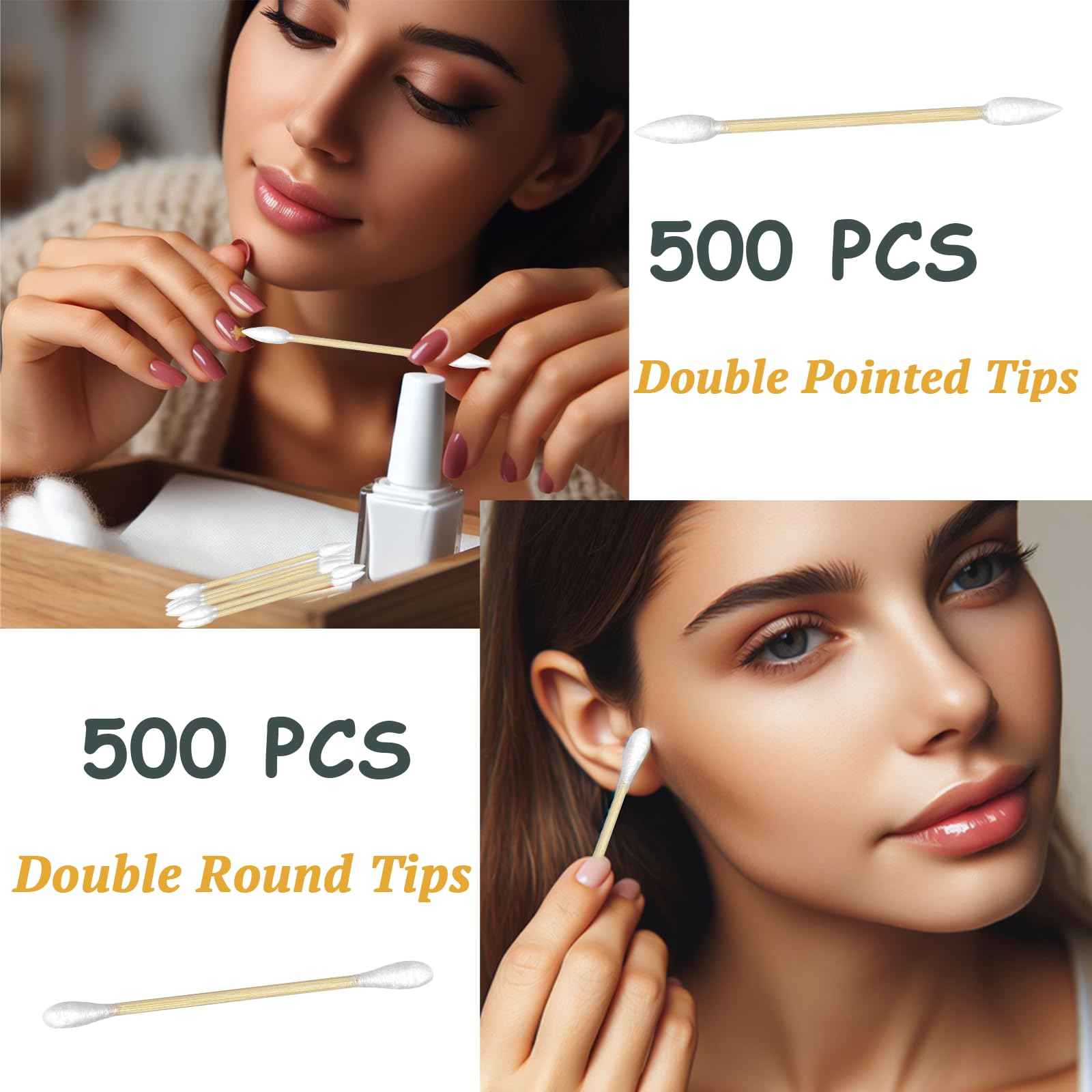 Premium Pointed And Round Tip Cotton Swabs - 1000 Count With Bamboo Sticks - Hypoallergenic And Biodegradable - Ideal For Precis