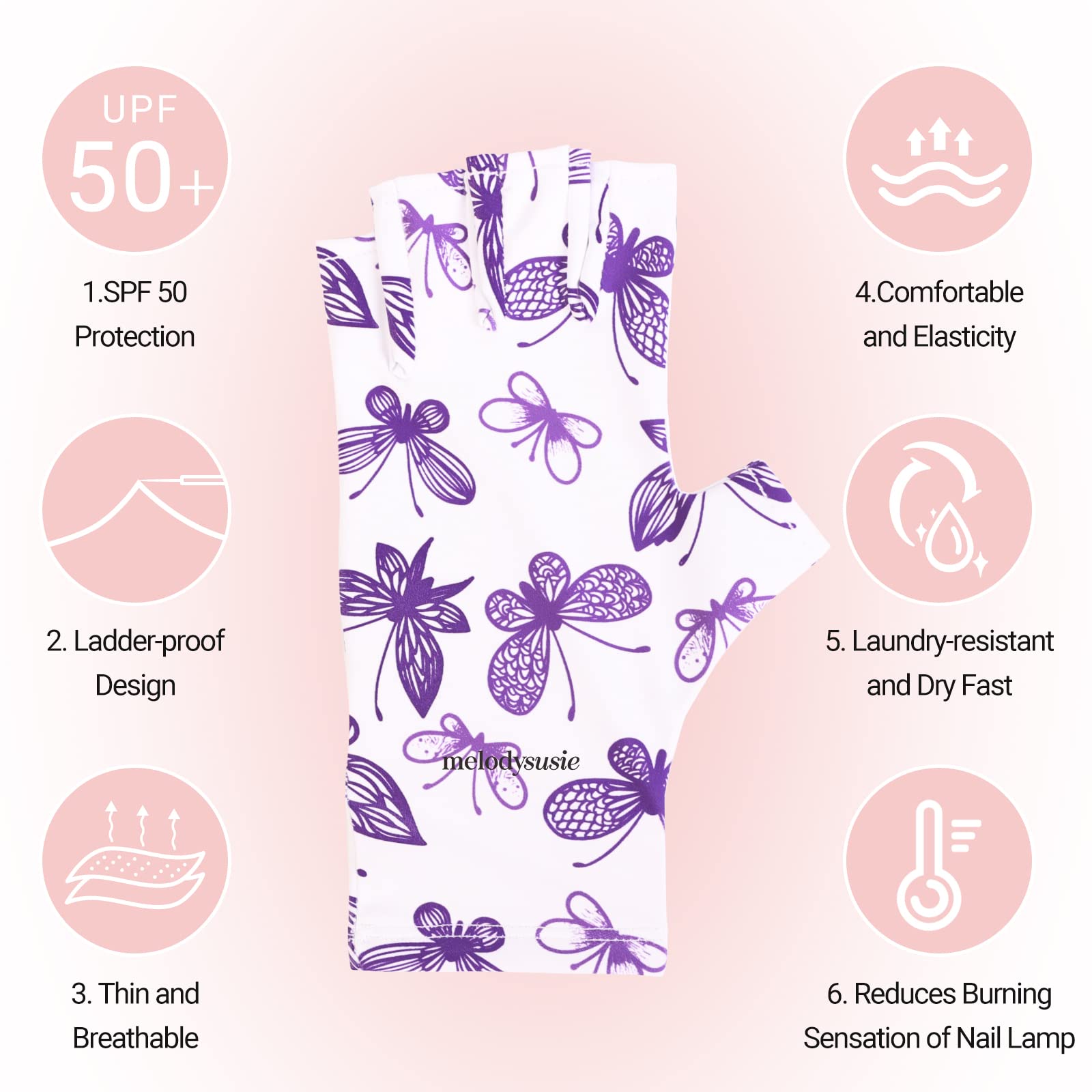 Melodysusie Anti Uv Gloves For Gel Nail Lamp, Professional Protection Gloves For Manicures, Purple Butterfly Uv Shield Gloves, N
