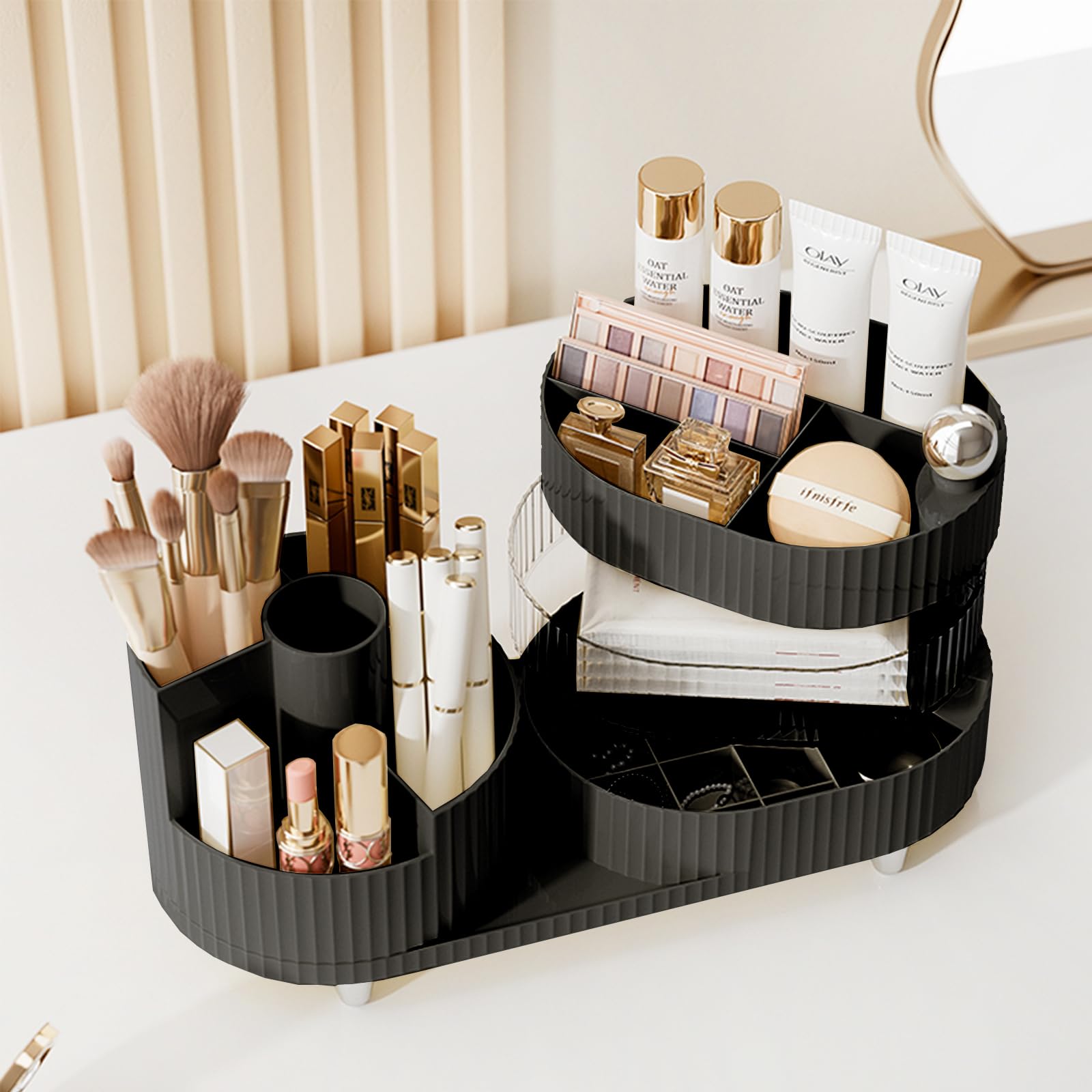 Rotating Makeup Organizer For Vanity With Brush Holder And Drawer, 3 Layer Cosmetic Makeup Storage, Large Makeup Skincare Organi