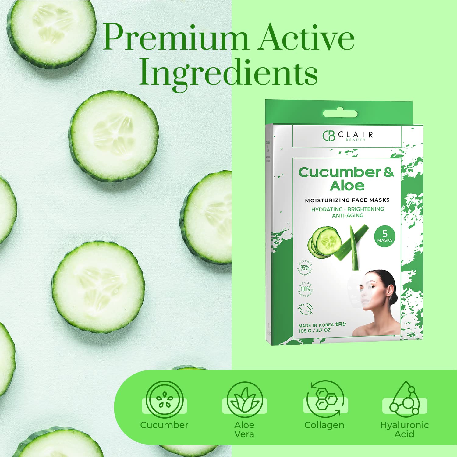 Clear Beauty Cucumber And Aloe Sheet Face Mask - Soothes Irritated Skin, Reduce Wrinkles & Fine Lines & Moisturizing - Cruelty F