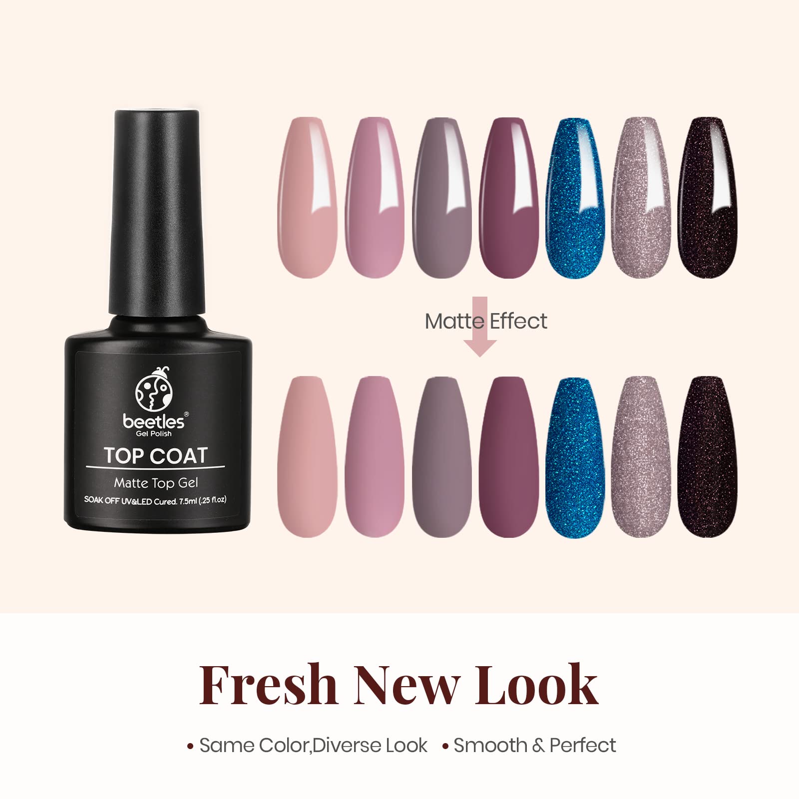 Beetles Gel Top Coat Base Coat Set for Gel Nail Polish, 3Pcs No Wipe Base Gel Matte & Shiny Top Coat, Long Lasting High Gloss an