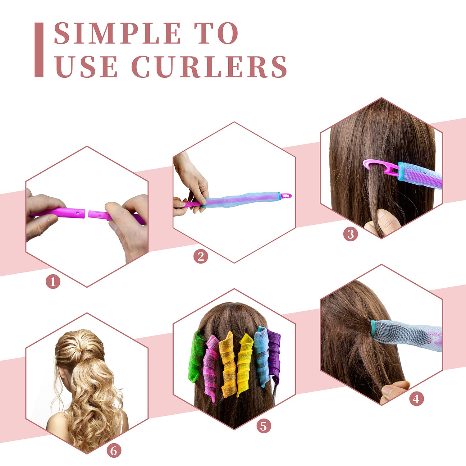 Essenergi 30Pcs Heatless Hair Curlers Rollers Spiral Curls Styling Kit With 2 Sets Styling Hooks,No Heat Curlers For Women Girl'